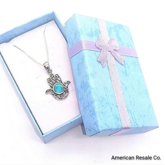 Shrum and Cooper Jewelry - Sterling Silver Filagree Hamsa Hand Genuine Turquoise Pendant Necklace - ITALY